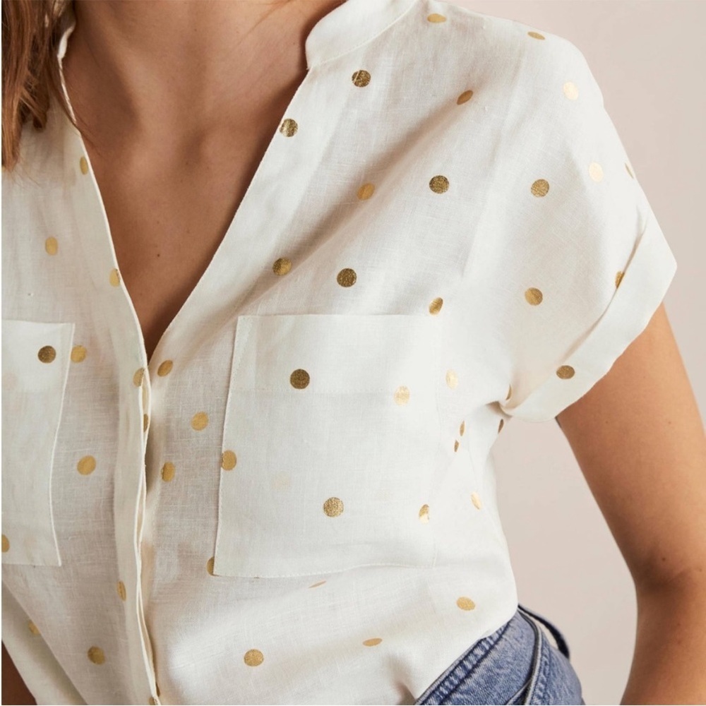 BODEN evie linen polka dot button front shirt white gold plus size 20/22 - Picture 3 of 11